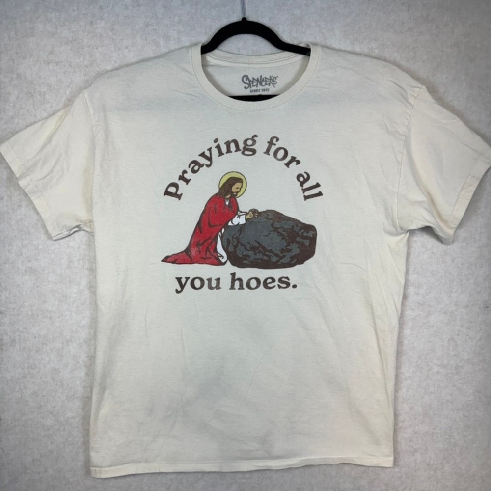 Praying For All You Hoes Jesus Graphic T-Shirt Mens XL Cream